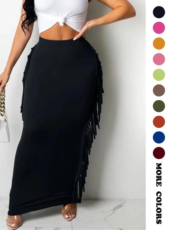 Women's Fringe Trim High Waist Pencil Skirt, Elegant Comfortable Fabric Solid Color Skirt for Party Evening Formal Occasions, Ladies Summer Clothing, Womenswear 0
