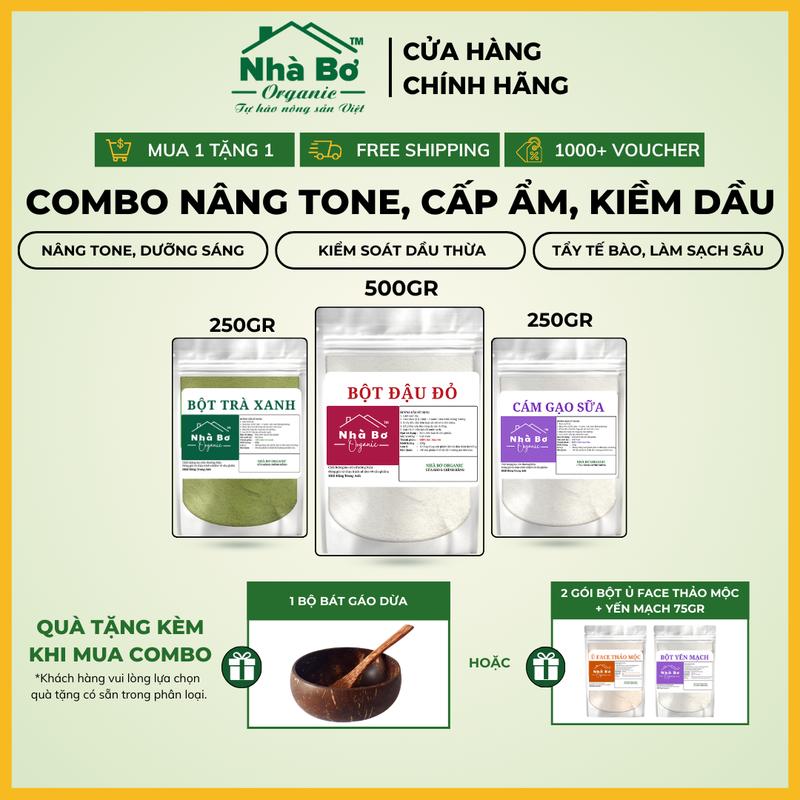 [MUA 1 TẶNG 1] Combo 3 gói [500g Bột Đậu Đỏ + 250g Bột Trà Xanh + 250g Bột Cám Gạo Sữa] - Giúp Dưỡng Trắng Sáng, Cấp Ẩm, Tẩy Tế Bào cho Da Mặt và Body | Nhà Bơ Organic