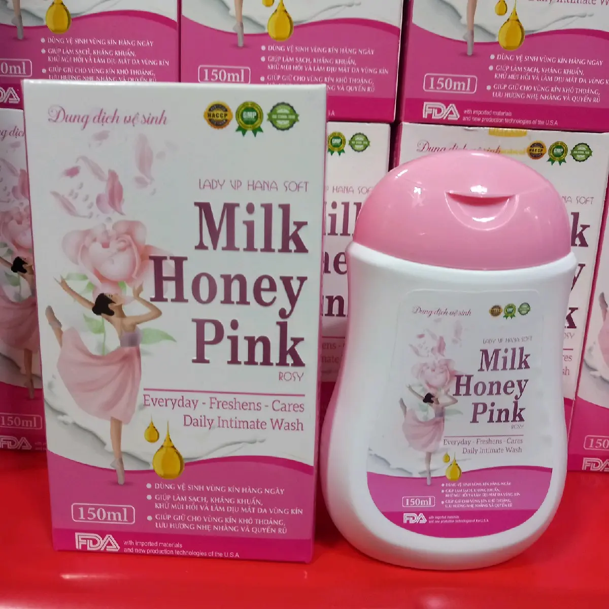 Dung dịch vệ sinh Milk Honey Pink 150ml, Date 2025. Sạch sẽ, khô thoáng, sáng mịn, hương thơm quyến rũ