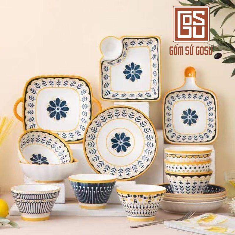 GOSU Bộ Bát Đĩa Thổ Cẩm Nordict Men Sáng Mịn Đẹp Loại 1 15 Món Hoa Vàng An Toàn Cho Sức Khỏe Gốm Sứ Chuẩn Chất Lượng
