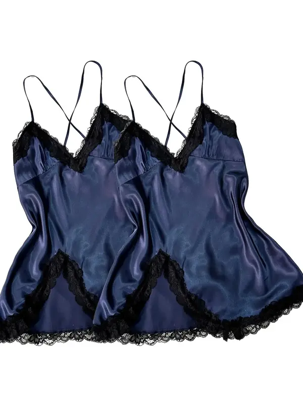 Women's Contrast Lace Criss Cross Bow Back Satin Cami Nightdress, Silky Naughty Lingerie, Night Gown for Women, House Dress for Women, Elegant Spaghetti Strap Split Hem Backless Night Gown, Ladies Summer Sleepwear & Loungewear, Pyjamas for Women 7