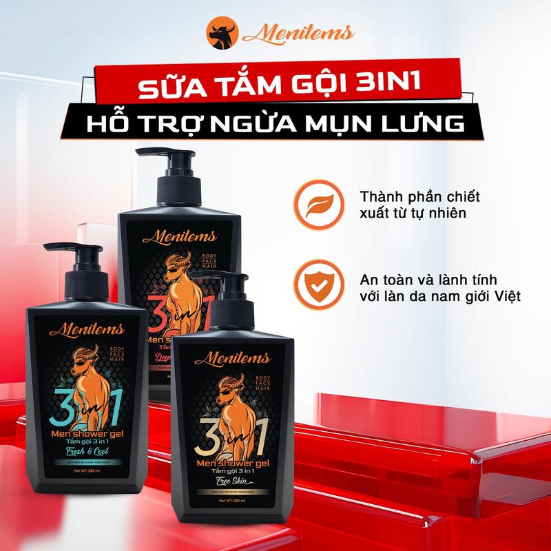   ĐỘC QUYỀN LIVE   Sữa tắm mụn lưng 3in1 Menitems TẶNG Sữa rửa mặt Accee hỗ trợ làm sạch mụn lưng hương nước hoa nam tính giúp làm sạch da thông thoáng lỗ chân lông 285ml 