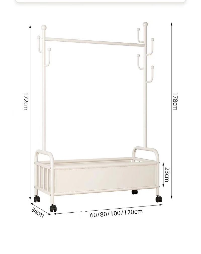 Product Introduction of Household Floor Hanger with Basket with Wheels Movable Bedroom Hanger Indoor Storage Clothes Hanger Storage Coat Rack 5
