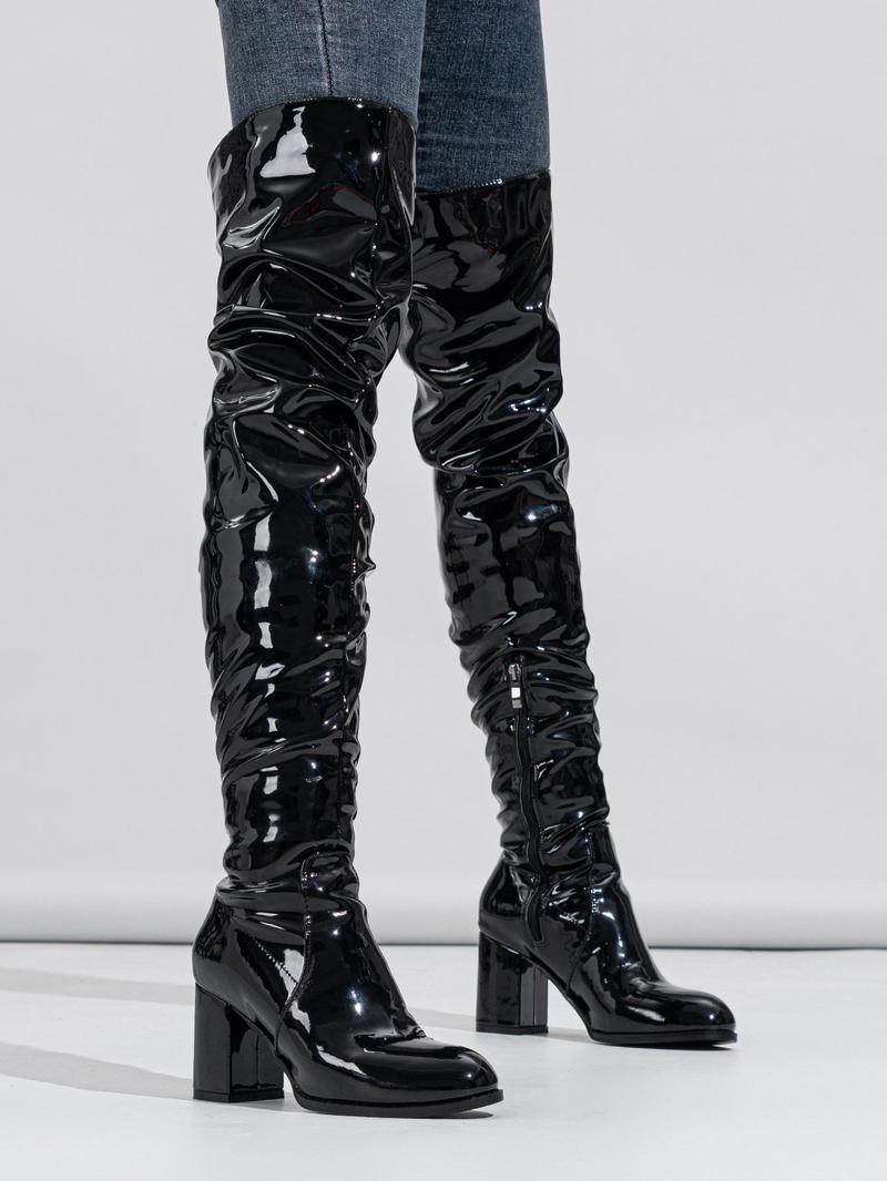 Product Introduction of Women's 2023 New Fashion Pu Over-the-knee High Heeled Boots, Elegant Plain Side Zipper Design Boots, European and American Style Pointed Toe Slouchy Boots for Parties and Evenings 14