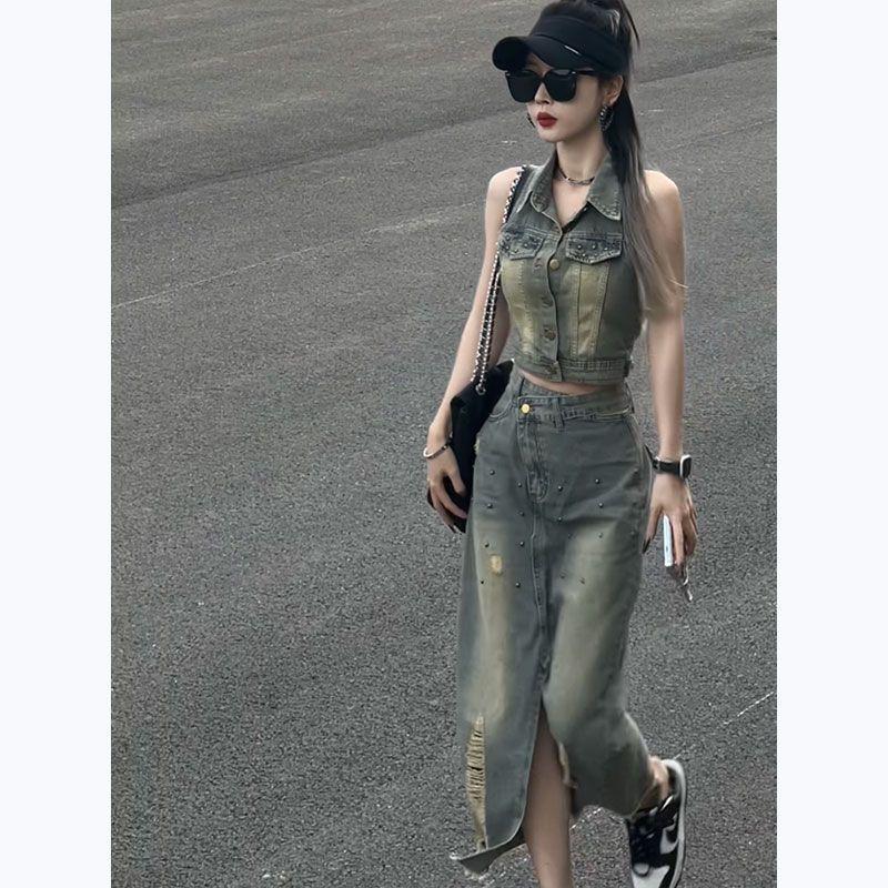 Product Introduction of Áo Khoác Vest Denim, Phong Cách Cổ Điển Dành Cho Nữ, Cạp Cao, Váy Dài Xẻ Tà, Xu Hướng Thời Trang Mùa Hè, Bộ Đồ Tuyệt Vời, Cho Nữ 7