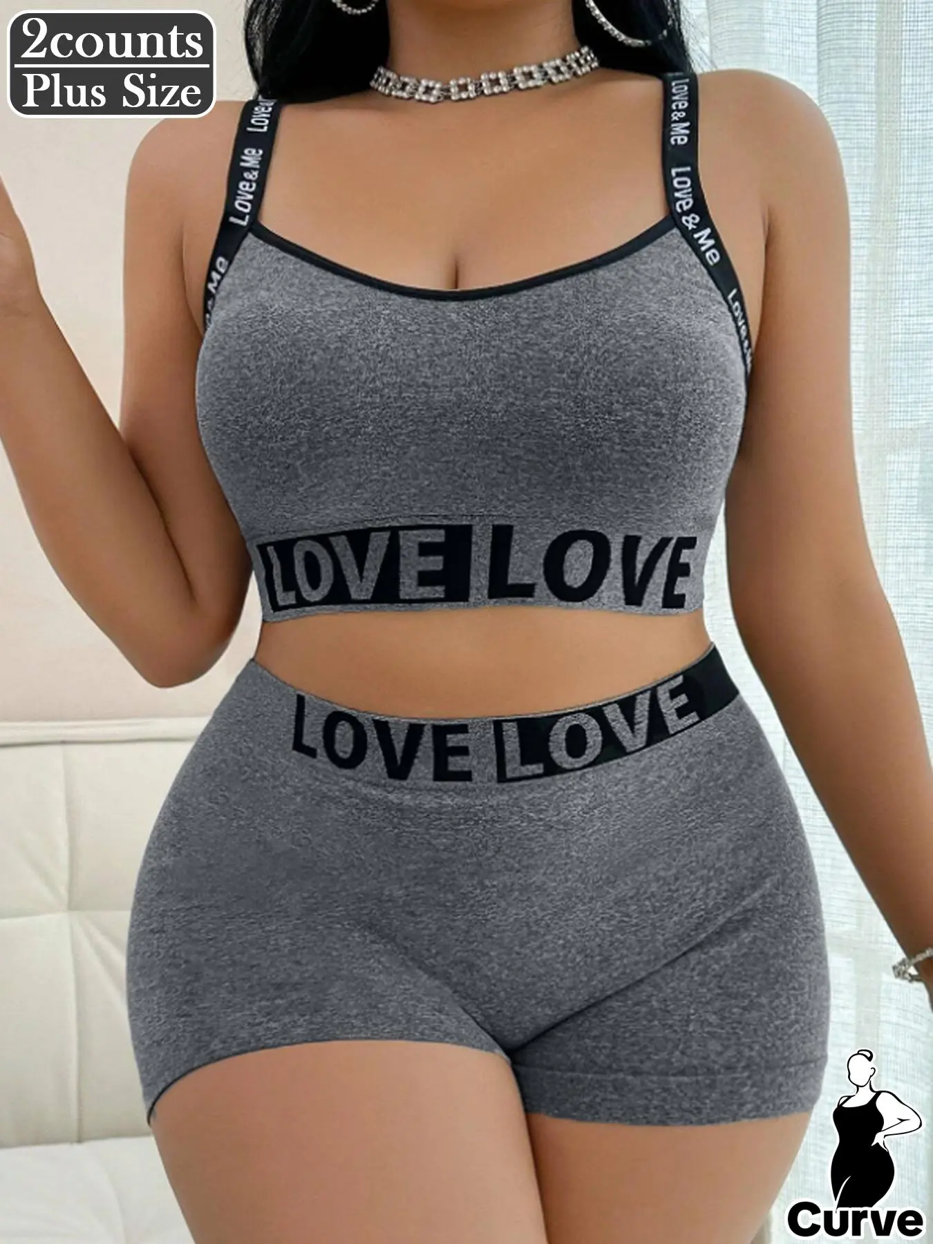 【Plus Size】 Letter Tape Wireless Bra & Boxer Briefs Set, Casual Comfy Breathable Bra & Knicker Set for Daily Wear, Women's Underwear Set for All Seasons