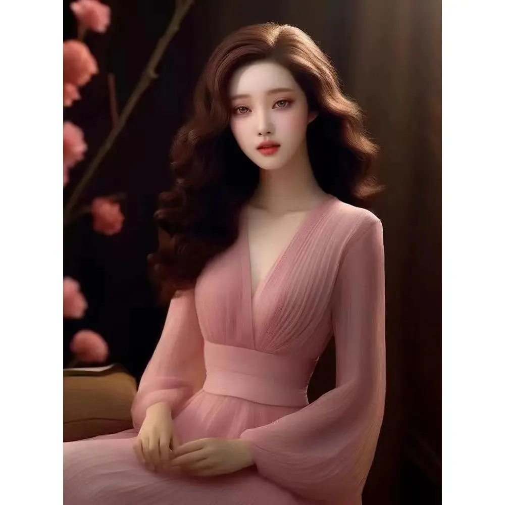 Đầm Dài Cổ Chữ V, Đẹp, Cao Cấp, Độc Đáo Và Sang Trọng, Màu Hồng, Làm Bằng Voan, Thích Hợp Cho Mùa Hè, Thiết Kế Cổ Tích, Váy Dài Tay, Nữ Thần