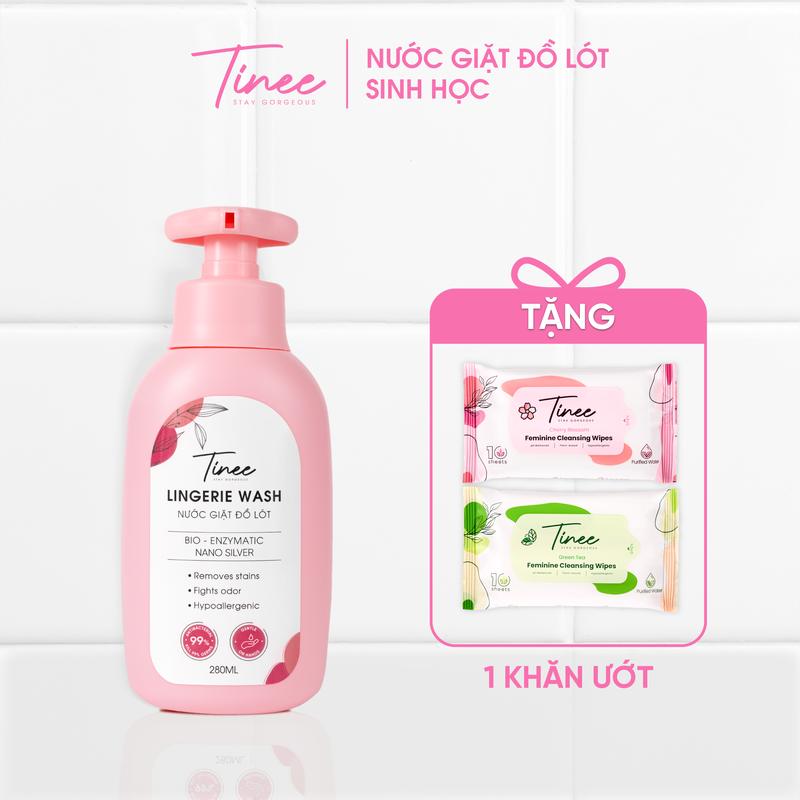 [MUA 1 TẶNG 1] Nước Giặt Đồ Lót Chuyên Dụng Tinee - Nano Bạc Hạn Chế Nấm Khuẩn (280ml/ chai) + Tặng 1 Khăn Ướt Vệ Sinh Phụ Nữ Ngẫu Nhiên (10tờ/1gói)