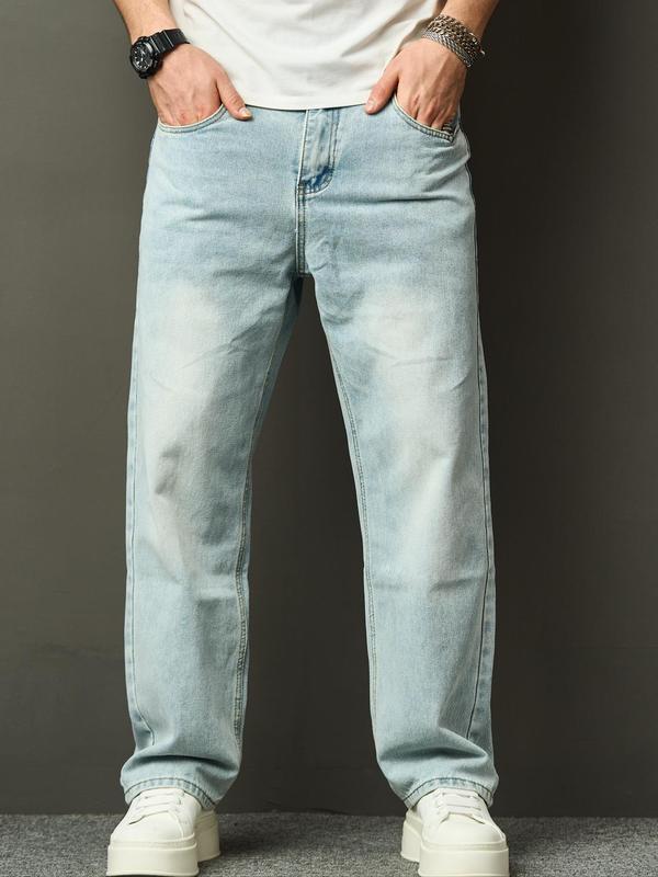 Men's Loose Straight Leg Jeans, Casual Comfy Pocket Design Denim Pants for Daily Wear, Fashion Men's Bottoms for All Seasons, Cotton 1