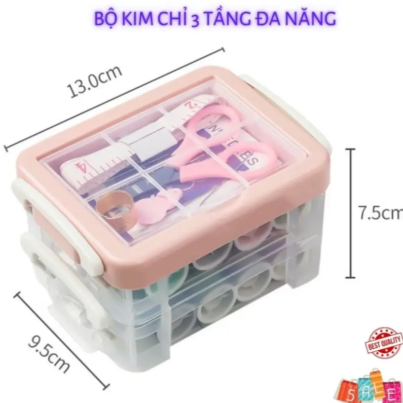 Hộp kim chỉ vuông 3 tầng 20 món, khâu vá quần áo, gồm kim, chỉ, kéo, kim băng, thước dây, xâu kim