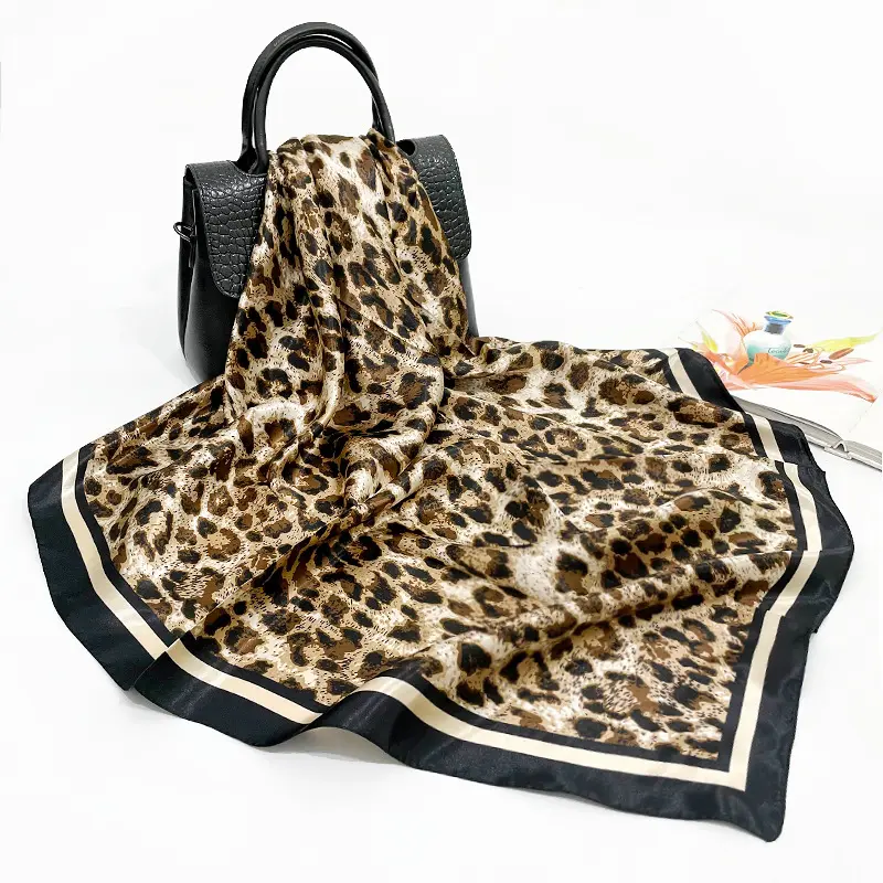 Leopard Print Silk Scarf Spring and Summer New 90*90 Large Kerchief Scarf Women's European and American Satin Printed Scarf Wholesale