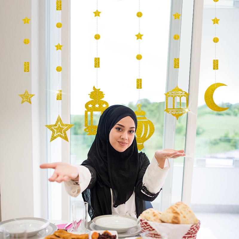 Product Introduction of 6pcs Ramadan Moon Star Lantern Paper String Garland Hanging Ornament Eid Mubarak Decorations For Home EID Al Adha Islamic Muslim 5