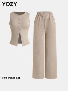 YOZY Women's Solid Button Front Vest & Wide Leg Pants Two-piece Set, Casual Sleeveless Top & High Waist Pants for Daily Wear, Ladies Two-piece Outfits for All Seasons, Womenswear