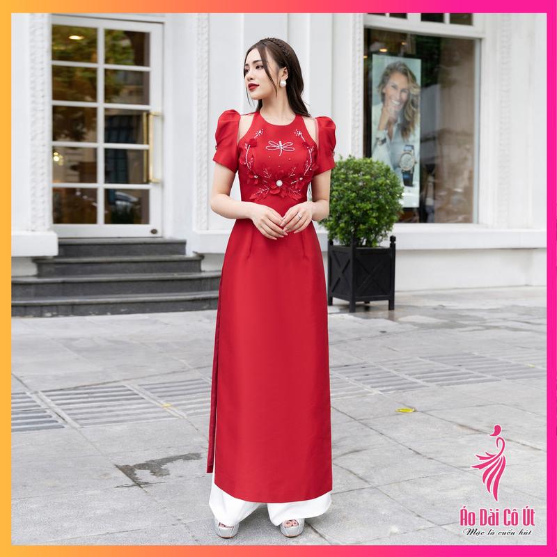 Áo Dài Truyền Thống Nữ Vải Lụa Mỹ Xẻ Vai Đính Hoa Hàng May Sẵn