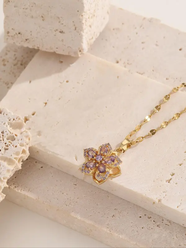 Elegant Rhinestone Decorated Rotating Flower Design Pendant Necklace,  Gorgeous Casual Matching Necklace Jewelry, Classic Fashion Accessories for Daily Wear 3