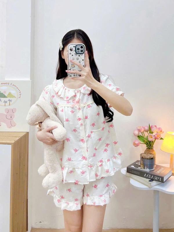 Bộ đồ ngủ bèo cộc dài chất vải cotton mềm tiểu thư xinh xắn đồ  ngủ nơ nữ
