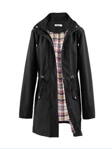 女性用のソリッドなドローストリングポケットボタン付きのジッパー付きフード付きジャケット、春秋用のカジュアルな長袖の防水ウインドブレーカージャケット、日常着用のレディース服
