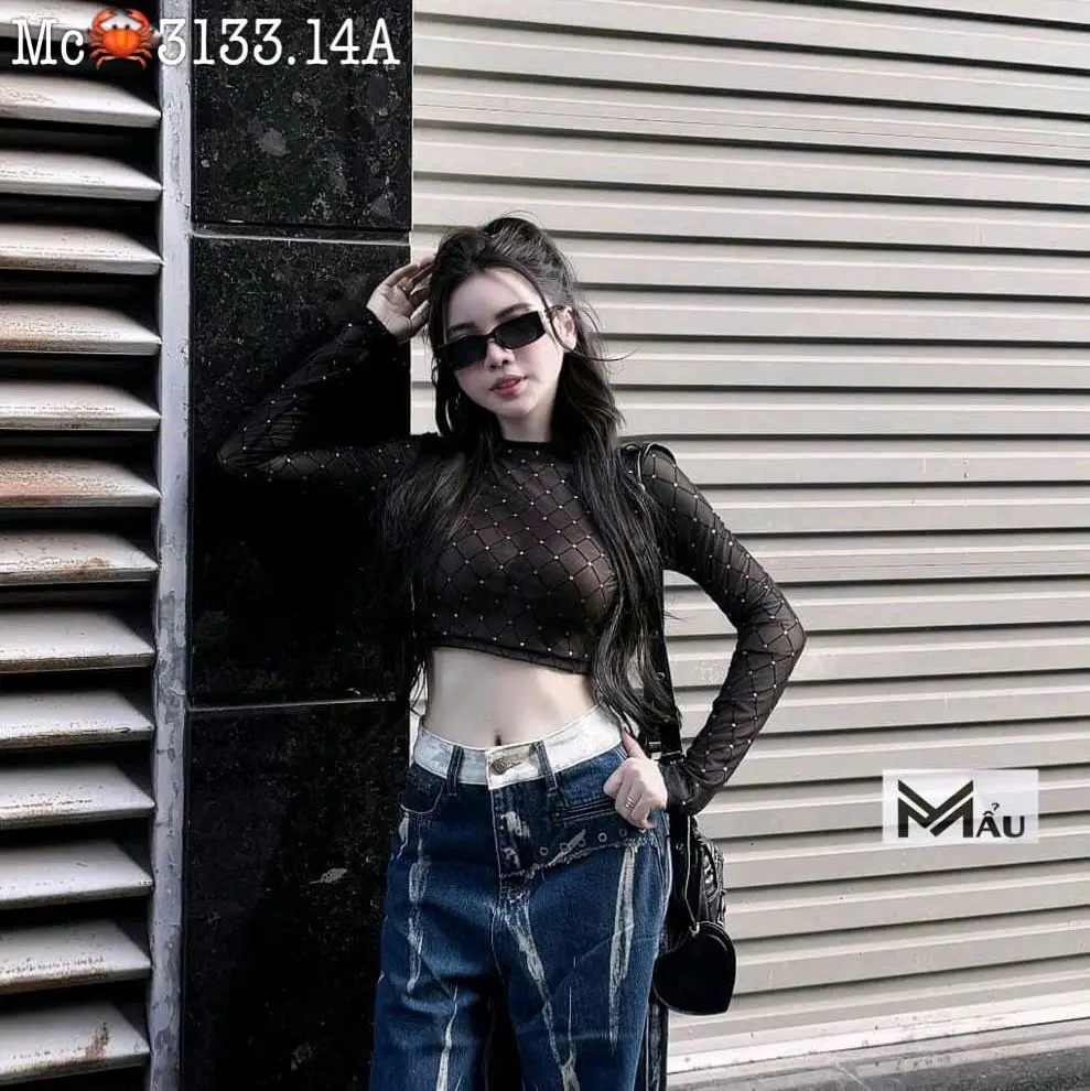 Áo croptop nữ kiểu lưới dài tay có lót đính kim tuyến ôm body tôn dáng