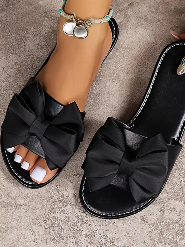 Women's Bow Decor Slip on Flat Sandals, Leather Sandals, Casual Outdoor Beach Sandals, Elegant Sandal, New Trendy Sandals for Summer, Gifts for Wife, Footwear, Sandals for Women 1