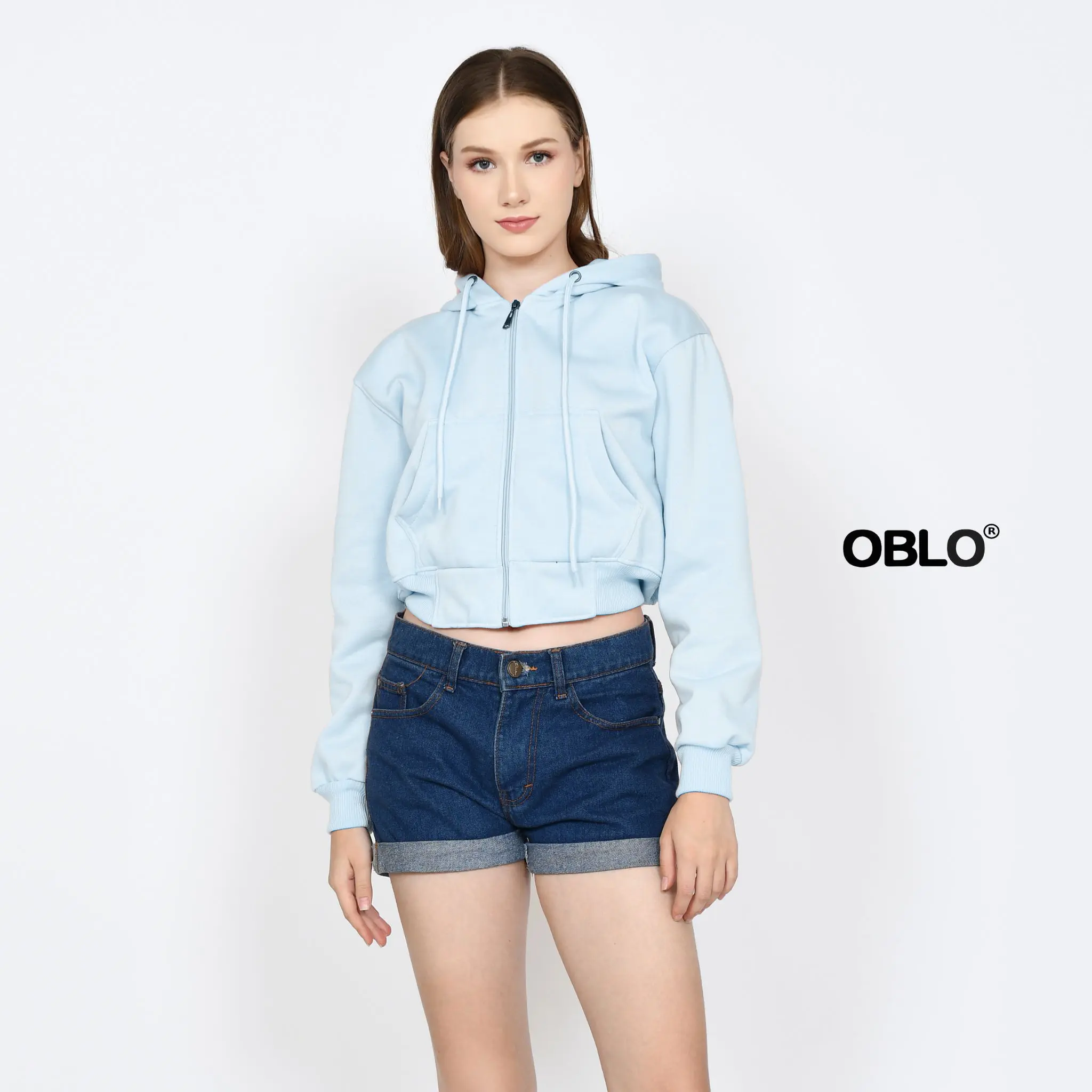 OBLO Hoodie Zipper Crop Wanita Jaket Crop Resleting Polos All Size Fleece Fit Tebal