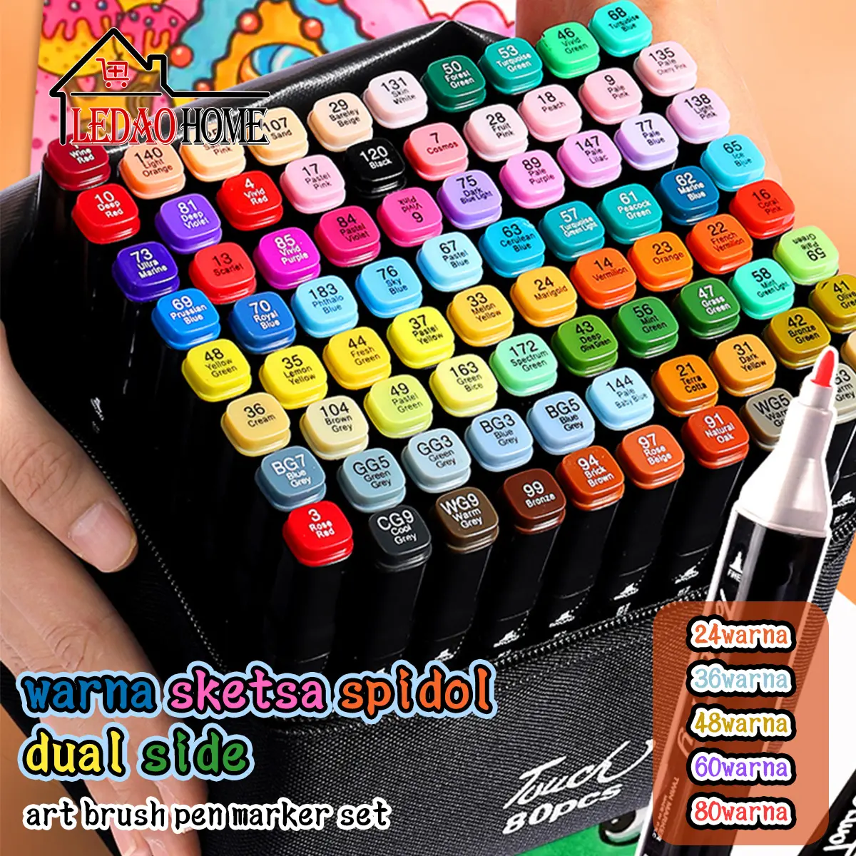 LEDAOHOME 2 in 1 Spidol dan Stabilo Touch Isi 24/36/48/60/80 Warna Dual Side Fine Art Brush Pen Sketsa