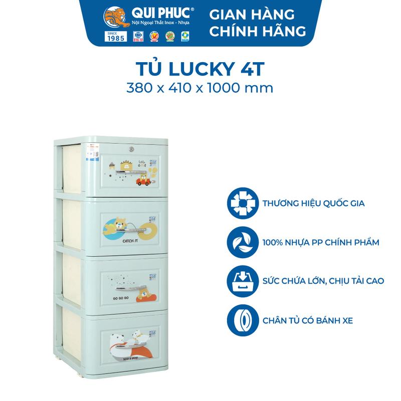 Tủ Nhựa Trẻ Em LUCKY 4 Tầng - Chính Hãng Qui Phúc - Nhựa PP & ABS Chính Phẩm, Bánh Xe Di Chuyển, Họa Tiết Dễ Thương Cho Bé