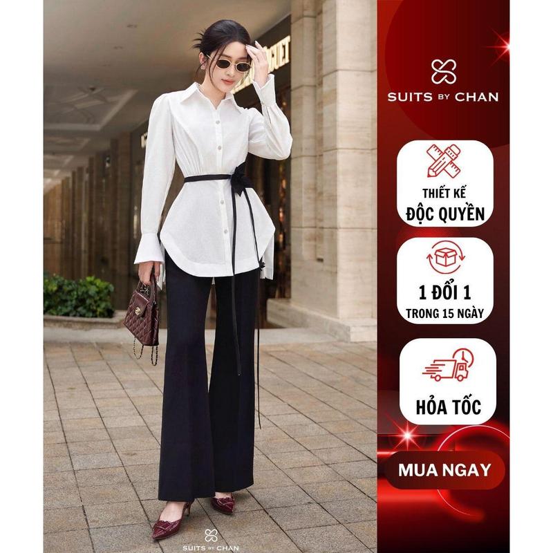 SUITS BY CHAN - Áo sơ mi kiểu tay dài xếp li tà sau (Ko kèm belt), Quần dài ống loe - VKAO00530 SCQD00046 Nữ Women 0
