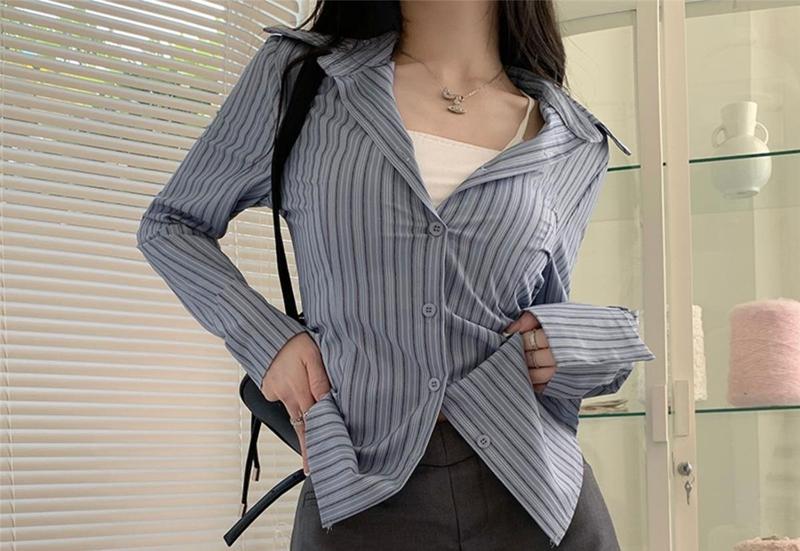 Product Introduction of Áo Khoác Sơ Mi Dài Tay Sọc Xanh, Phong Cách Cô Gái Nóng Bỏng, Thiết Kế Cao Cấp, Thích Hợp Cho Mùa Xuân Và Mùa Thu Của Phụ Nữ, Ôm Sát Eo, Dễ Thương Và Gợi Cảm, Áo, Dành Cho Nữ, Năm 2025 7