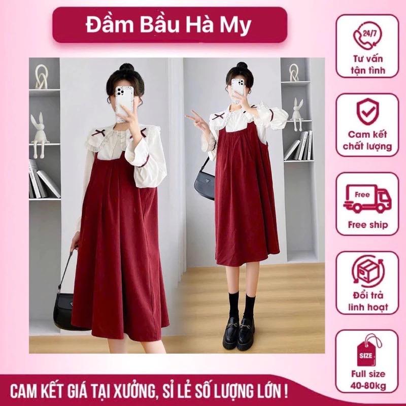 Yếm bầu thu đông đính nơ chật liệu nhung tăm B043 - Đầm Bầu - Váy Bầu Voi