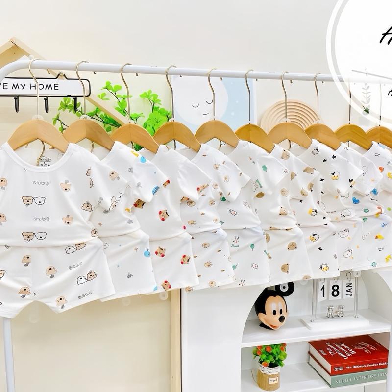 [Vải Đẹp]Bộ Quần Áo Cộc Tay Thun Lạnh Hoạ Tiết Trắng Cài Vai Cho Bé Trai Và Bé Gái, Combo 3 Bộ, Combo 5 Bộ - Voi, Len, Polo áo  thun