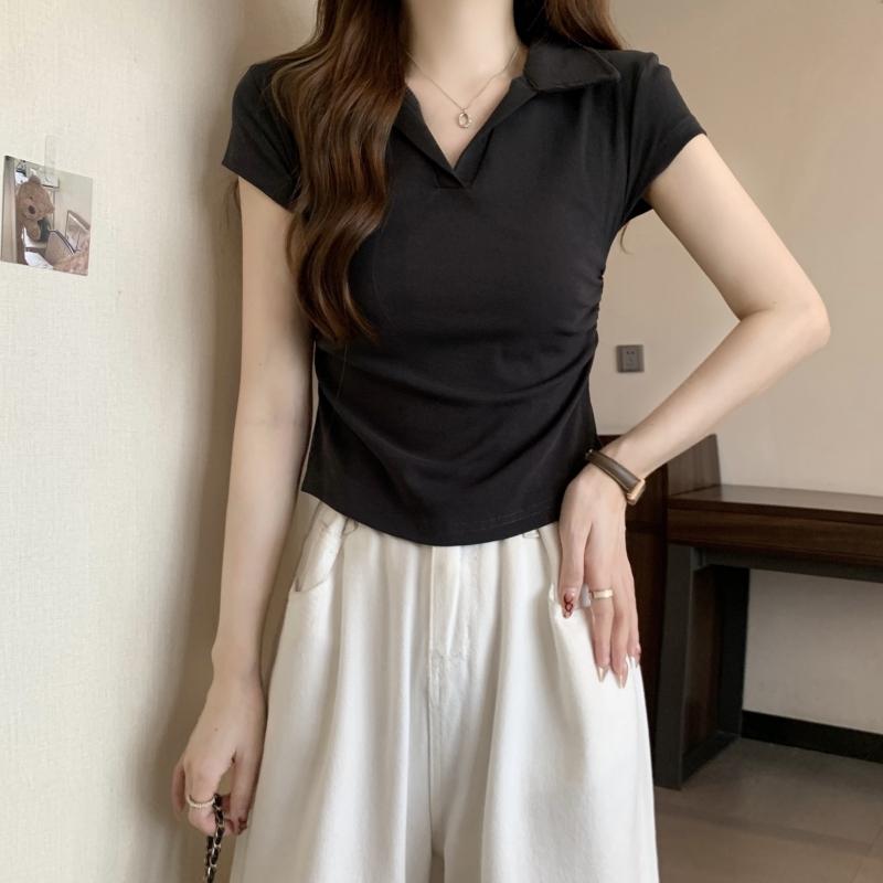 Product Introduction of 106 # Real Shot Real Price 40s Pure Cotton 210g (92% Cotton/8% Spandex) Polo Collar Waist-Cinching Short Sleeve T-Shirt for Women Top Womenswear 14