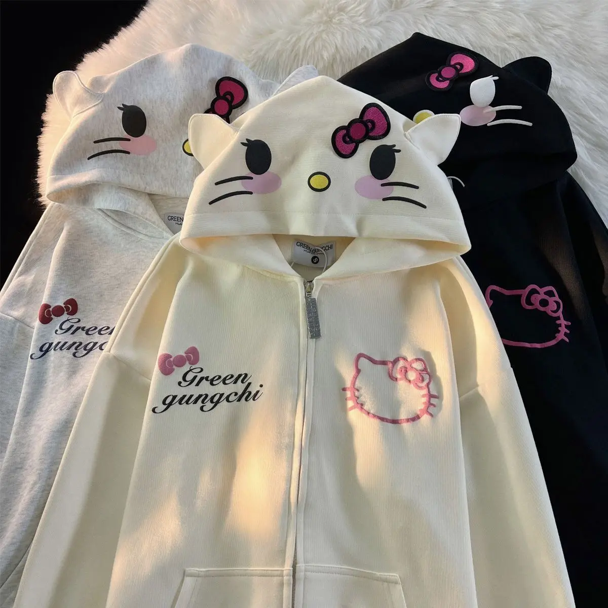 Áo Khoác Cardigan Hình Mèo Con Dễ Thương Huhu Sữa Áo Len Có Mũ Ngoại Cỡ Dáng Rộng Cho Học Sinh Nữ Lót Lông Cừu Dày Dặn