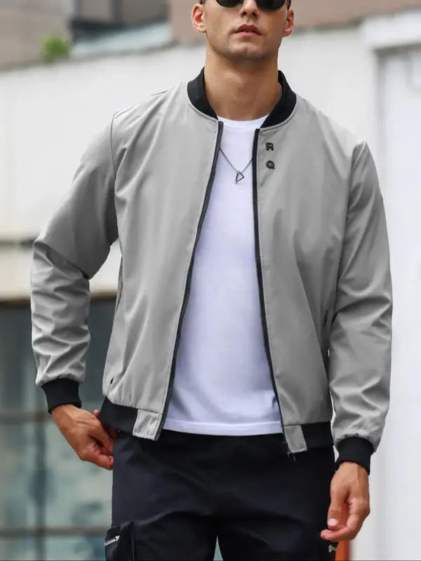 Men's Letter Design Pocket Contrast Binding Zip Up Bomber Jacket, Regular Fit Casual Long Sleeve Mock Neck Zip Front Outerwear For Spring & Fall, Men's Clothes For Daily Wear 4