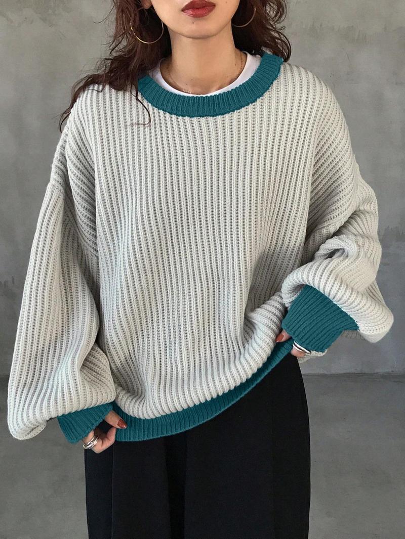 Product Introduction of Women's Colorblock Drop Shoulder Sweater Pullover, Casual Long Sleeve Round Neck Jumper for Fall & Winter, Fashion Ladies' Knitwear for Daily Wear 1