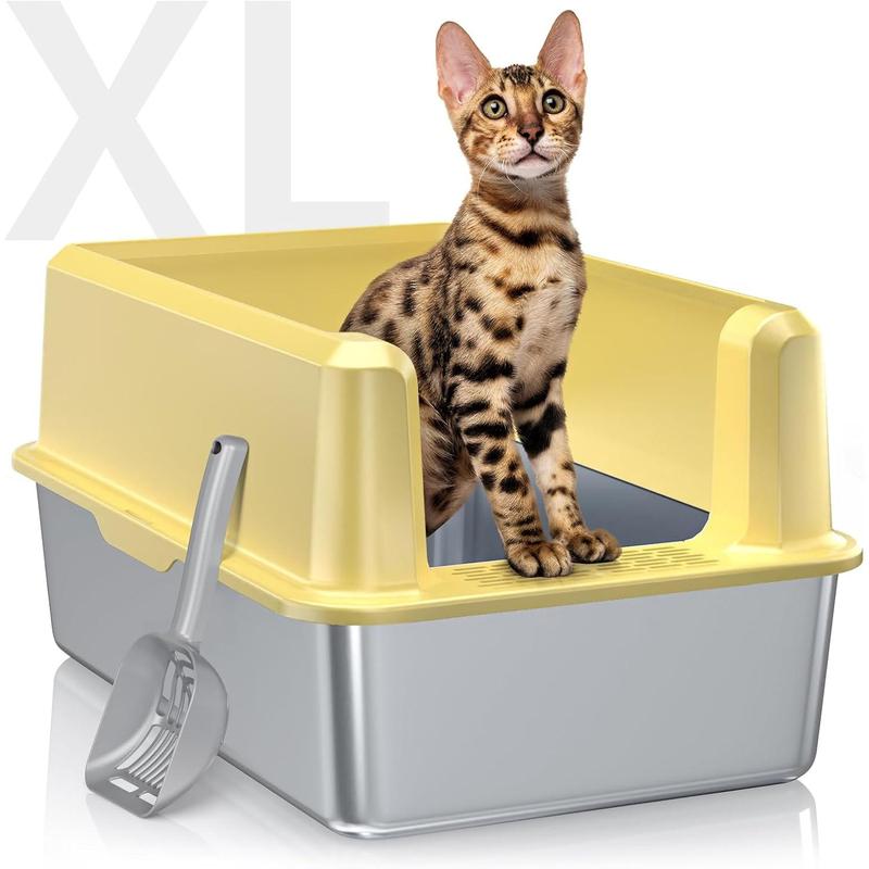 TikTok Shop Stainless Steel Litter Box with High Side XXL Litter Box for Big Cats Multiple Cats Non Sticky No Leakage Easy Clean Litter Pan Include Scoop