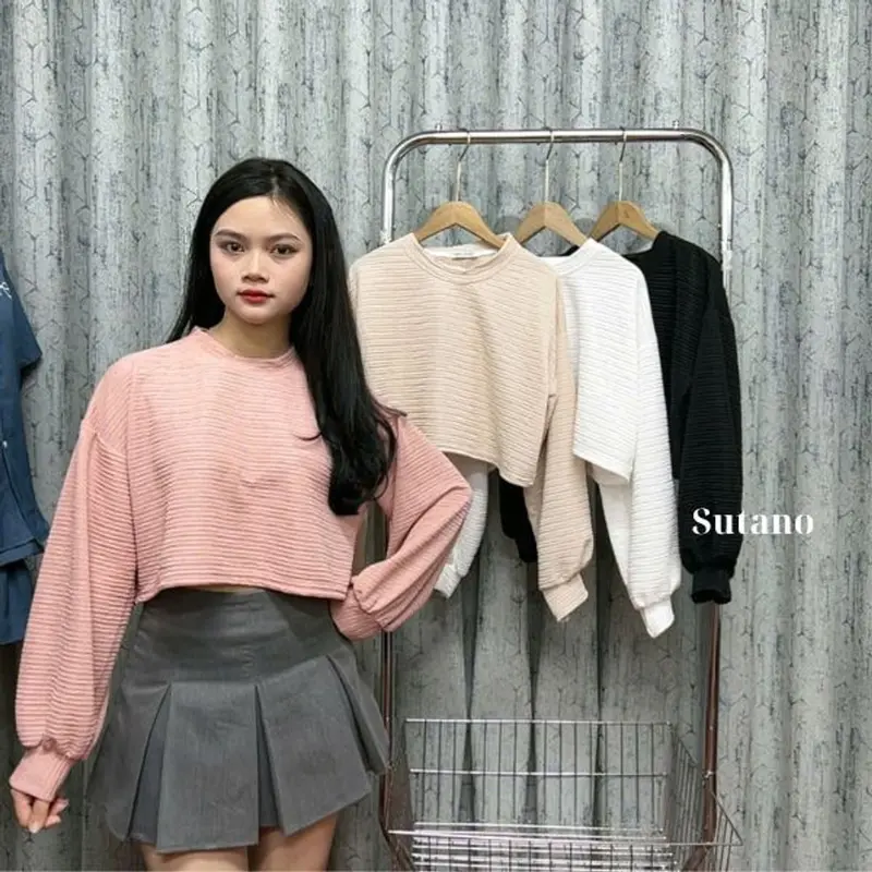 Áo thun nữ croptop xốp nhăn form rộng tay tay bồng áo thun dài tay cổ tròn trẻ trung phong cách Hàn Quốc A540 SUTANO 7