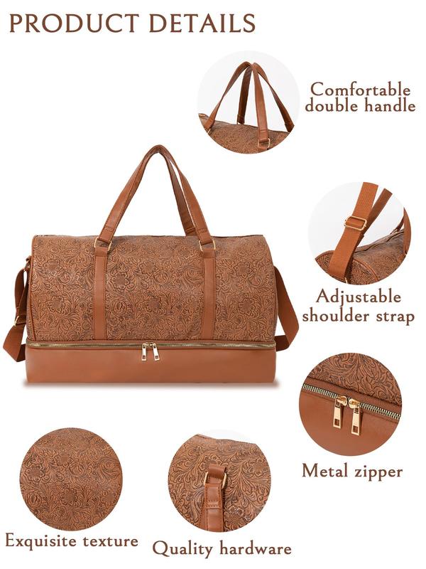 Large Capacity Vintage Travel Duffel Bag with Wet Dry Compartment, Stylish Pu Weekender Bag, with Adjustable Strap and Top Handle for Luggage 8
