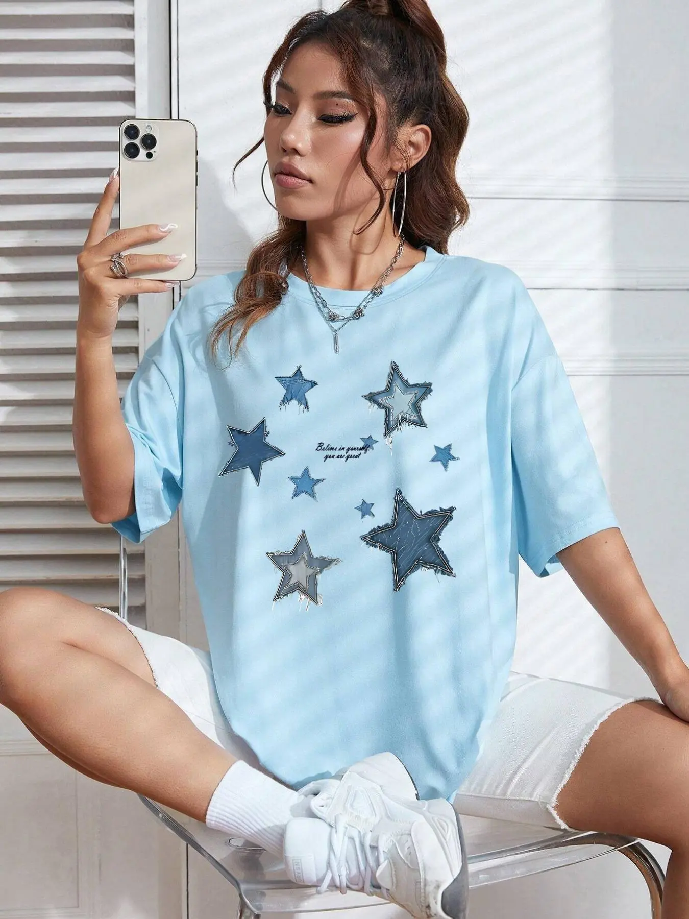 Women's Star Print Round Neck Tee, Casual Short Sleeve Crew Neck T-shirt for Summer, Fashion Women's Top for Daily Wear