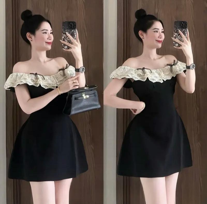 Đầm nữ trễ vai đen phối ren kem đính nơ xinh xắn Rope Dress Nhung Women