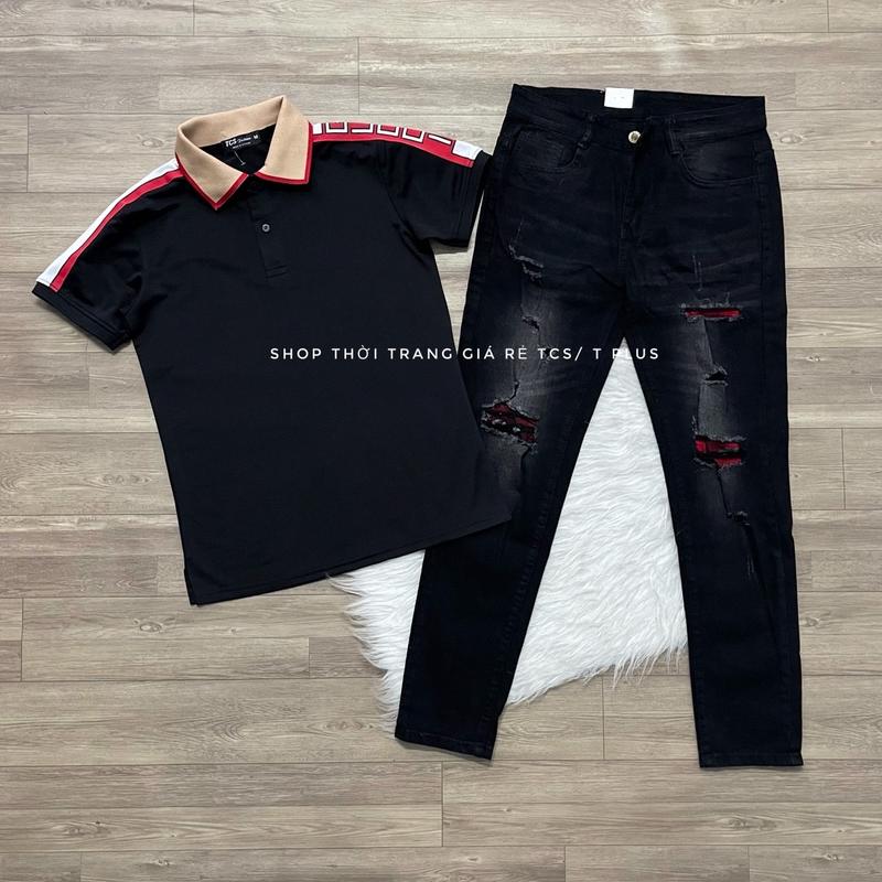 1 Bộ áo và quần ( Áo Thun đen, trắng  ngắn tay phối sọc , chất thun cá sấu co giản 4 chiều, thấm hút mồ hôi kết hợp  quần jeans màu đen, rách vá vải đỏ,  ôm gọn, co giản thoải mái) size 45-75kg dành cho nam