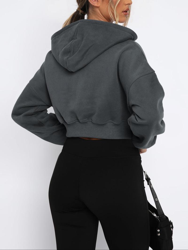 Product Introduction of Women's Solid Zip Up Drop Shoulder Hoodie, Casual Long Sleeve Hooded Sweatshirt for Fall & Winter, Women's Clothing for Daily Wear 8