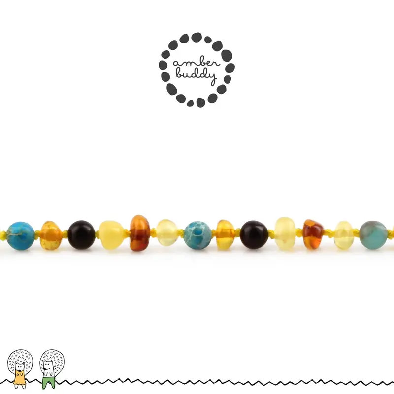 Amber Buddy - JN96 Kalung Amber dengan Lake Blue Imperial Jasper & Tridacna Shell untuk Junior. 38 cm [ FREE BANGLE ] 4