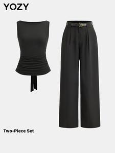 YOZY Women's Solid Ruched Tie Back Tank Top & Belted Pants Two-piece Set, Casual Boat Neck Sleeveless Top & Wide Leg Trousers for Daily Wear, Ladies Two-piece Outfits for All Seasons