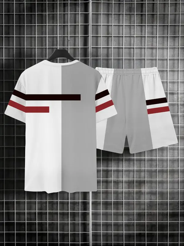 Two Pieces Men's Colorblock Striped Print Drawstring Two-piece Set, Regular Fit Casual Short Sleeve T-shirt & Pocket Shorts, Outfit Sets for Men, Men's Summer Outfits for Daily Wear, Going Out Outfit, Menswear 5