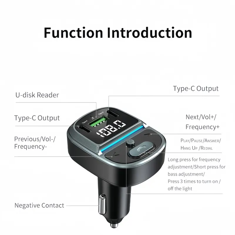 Car MP3 Player FM Transmitter, Dual USB Fast Charging Type-C USB One-click Free Hands-free Call Wireless Car Charger Audio Receiver 8