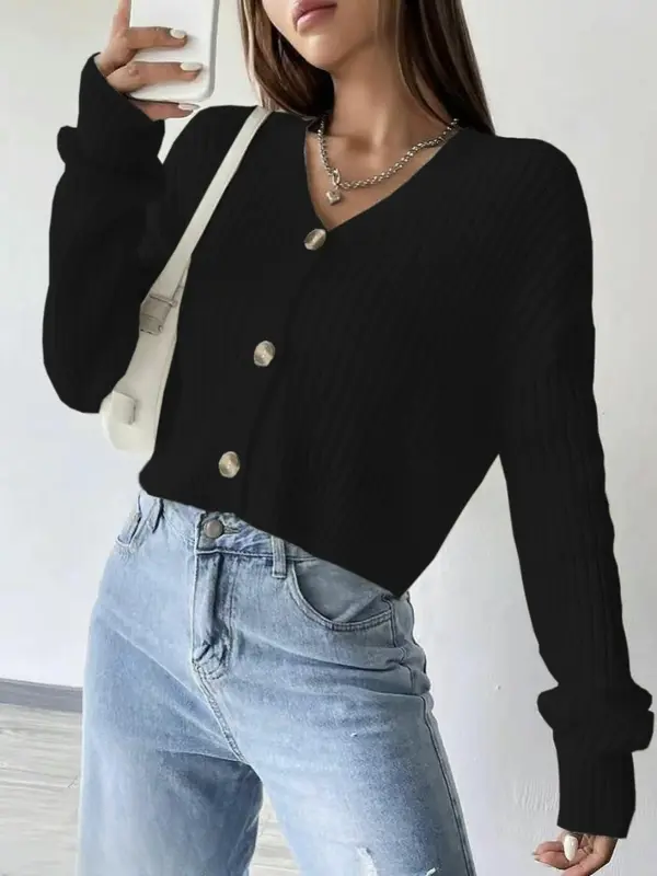 Women's Plain Button Front Sweater Cardigan, Casual Long Sleeve V Neck Jumper Cardigan for Spring & Fall, Fashion Women's Knitwear for Daily Wear, Tops 4