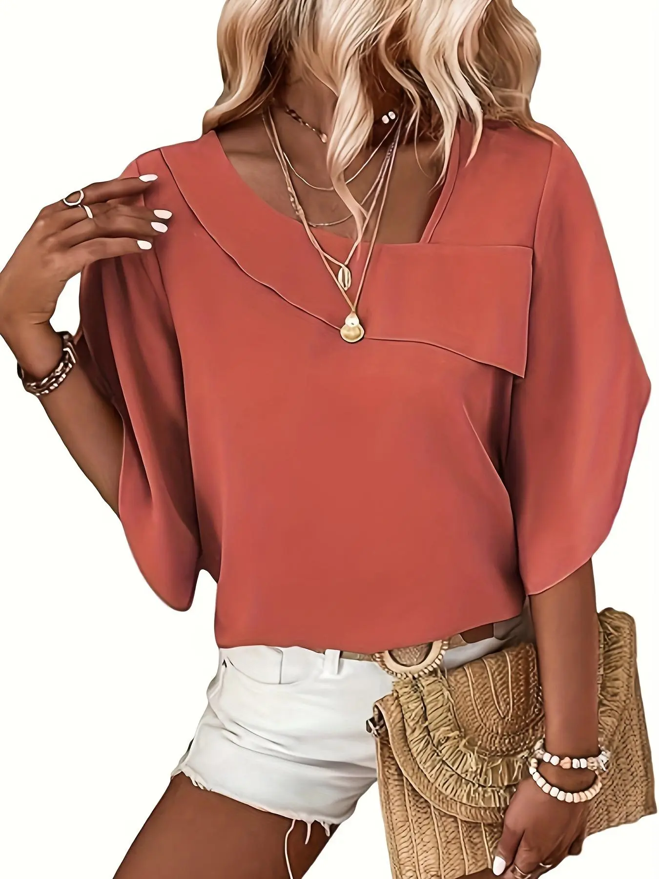 Women's Plain Petal Sleeve Blouse, Casual Asymmetrical Neck Half Sleeve Top for Fall & Winter, Women's Clothing for Daily Wear