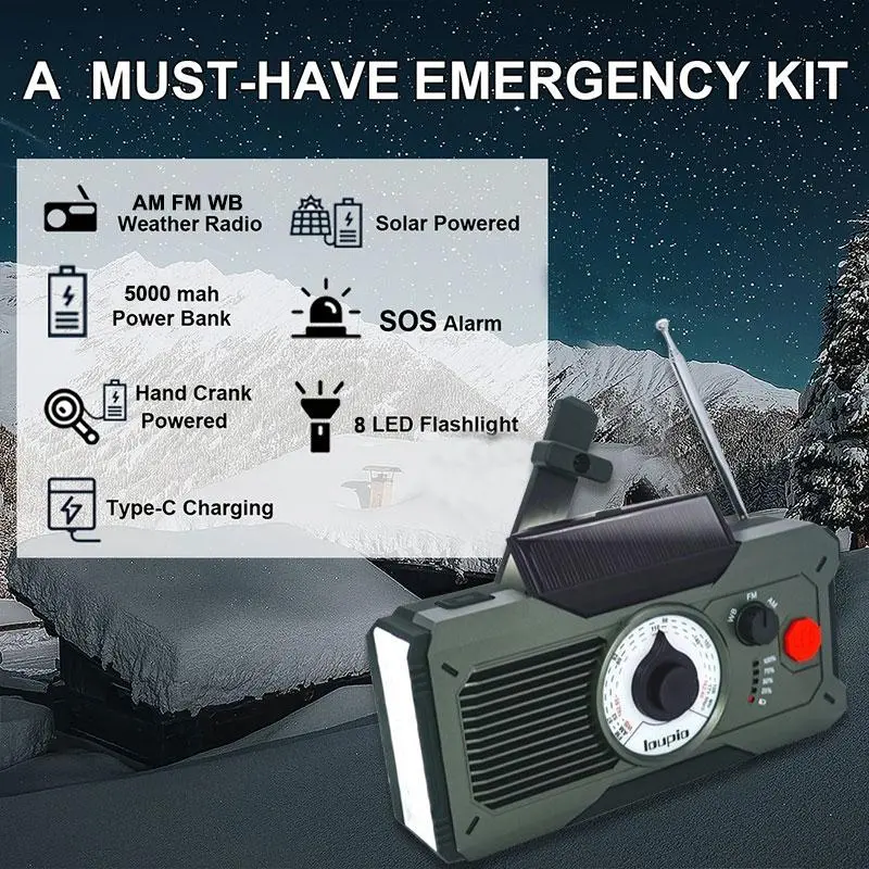 Solar Hand Crank Emergency Radio, Rechargeable AM/FM Emergency Crank Radio with Power Bank Function for iPhone, Outdoor Essentials 2