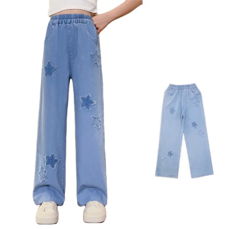 Quần bò JEANS ống xuông mẫu thêu sao cho bé gái từ 20-50kg