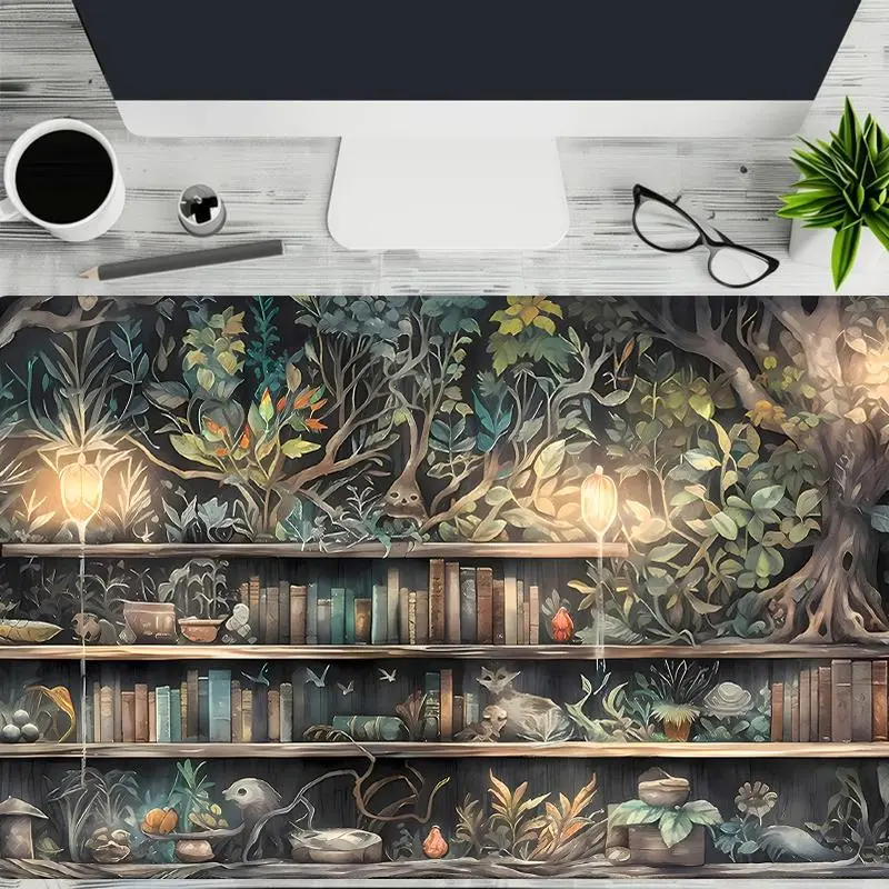 Creative Book & Tree Pattern Extended Mouse Pad, Rectangle Gaming Mouse Keyboard Pad, Office Desk Accessories, Non-slip Rubber Base Stitched Edge Desk Pad for Laptop Desktop 5